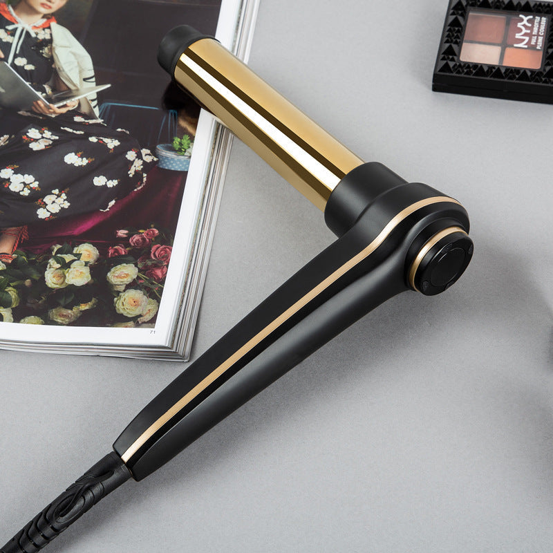 Amazon hot-selling hair curler with gold electroplated aluminum design, ceramic heating tube, and LCD screen.