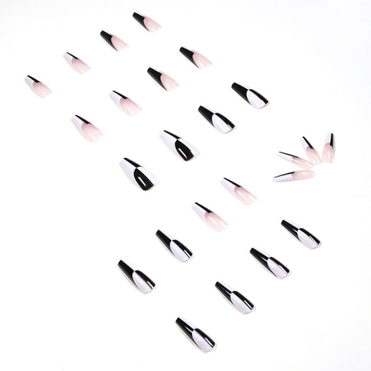 Simple black and white long removable nail tips, 24-piece set.