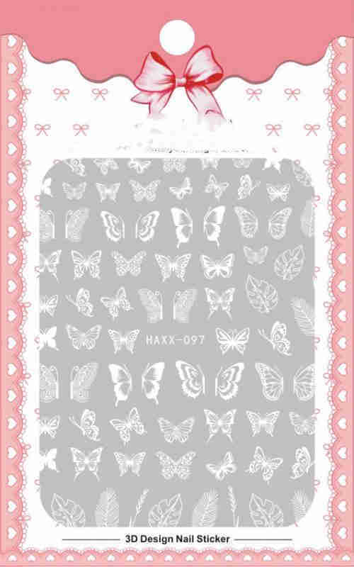 Black butterfly and white flower nail stickers in decorative packaging.