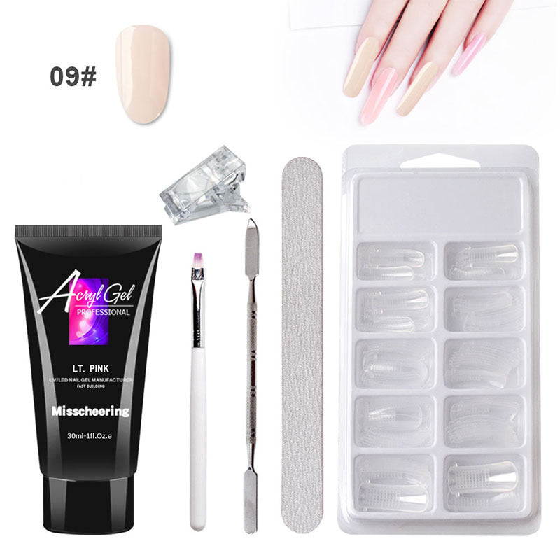 Painless crystal gel nail art set with tools and nail tips.