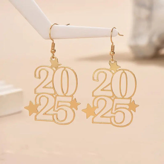 Gloden Number 2025 dangle earrings for women, gold alloy fashion jewelry.