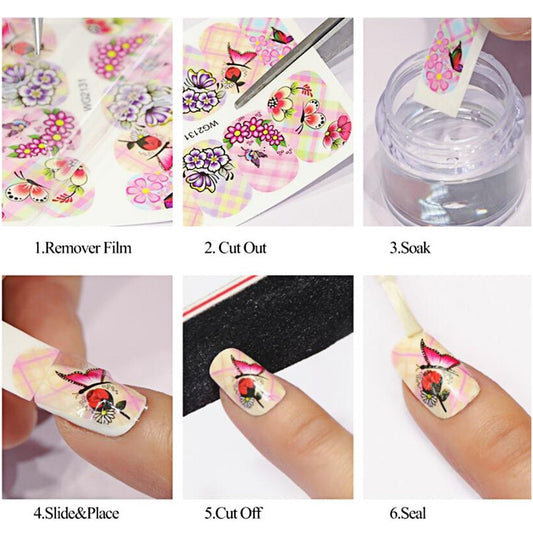 Nail sticker with butterfly and flower design for water transfer manicure decoration.