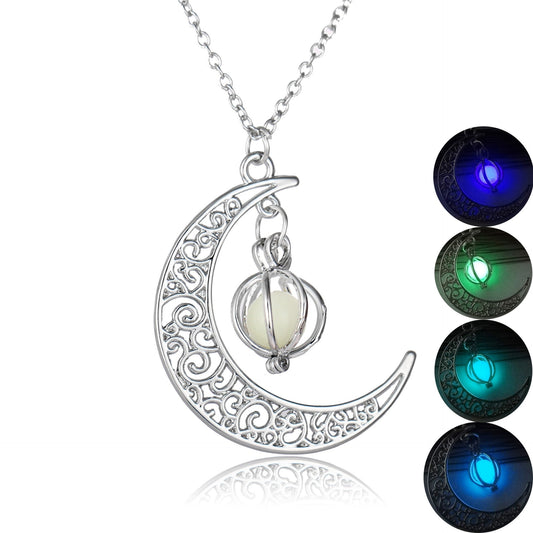 Fashion Moon Necklace with luminous pendant on decorative silver chain, glowing in assorted colors.