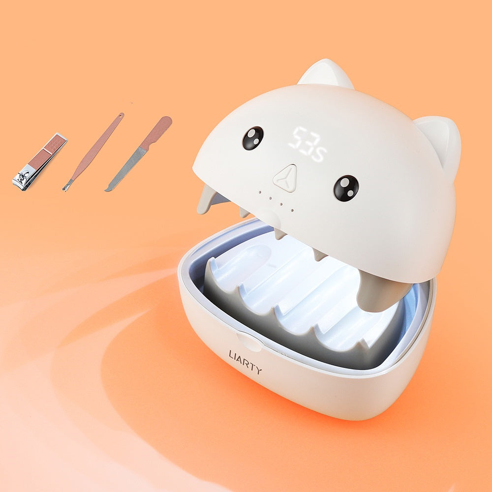 Cute LED nail machine with cat design, quick-drying phototherapy lamp in white.