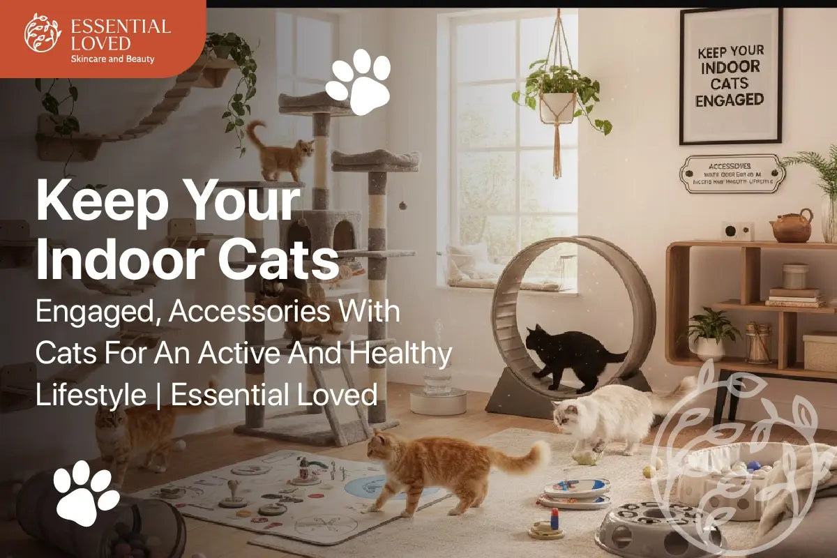 Accessories with cat to keep indoor cats active, healthy, and engaged by Essential Loved.