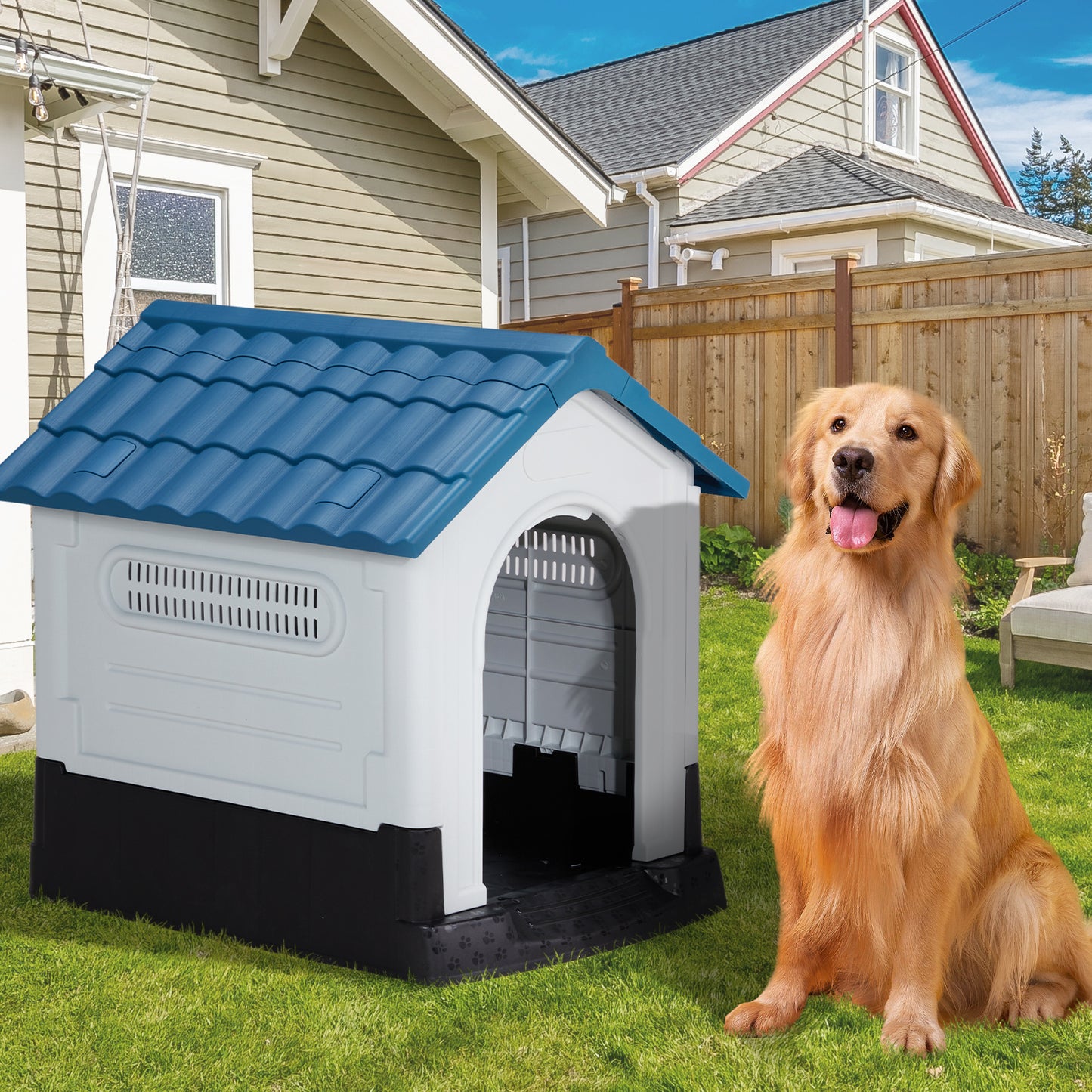 33 Inch Large Plastic Dog House, Indoor Outdoor Dog House Pet House With Vents And Raised Floors, Insulated Waterproof Puppy Shelter Kennel