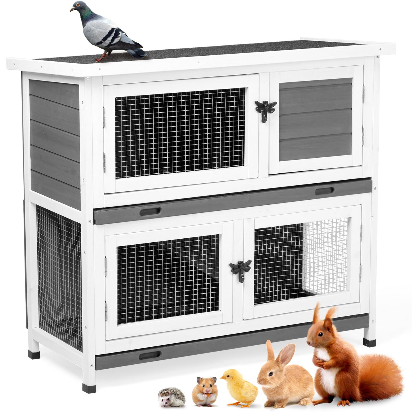 2 Floors Solid Wood Rabbit Cage With 2 Large Main Rooms, Indoor And Outdoor Rabbit House Guinea Pig Cage, Small Animal Pet House With 2 Removable Trays, Grey