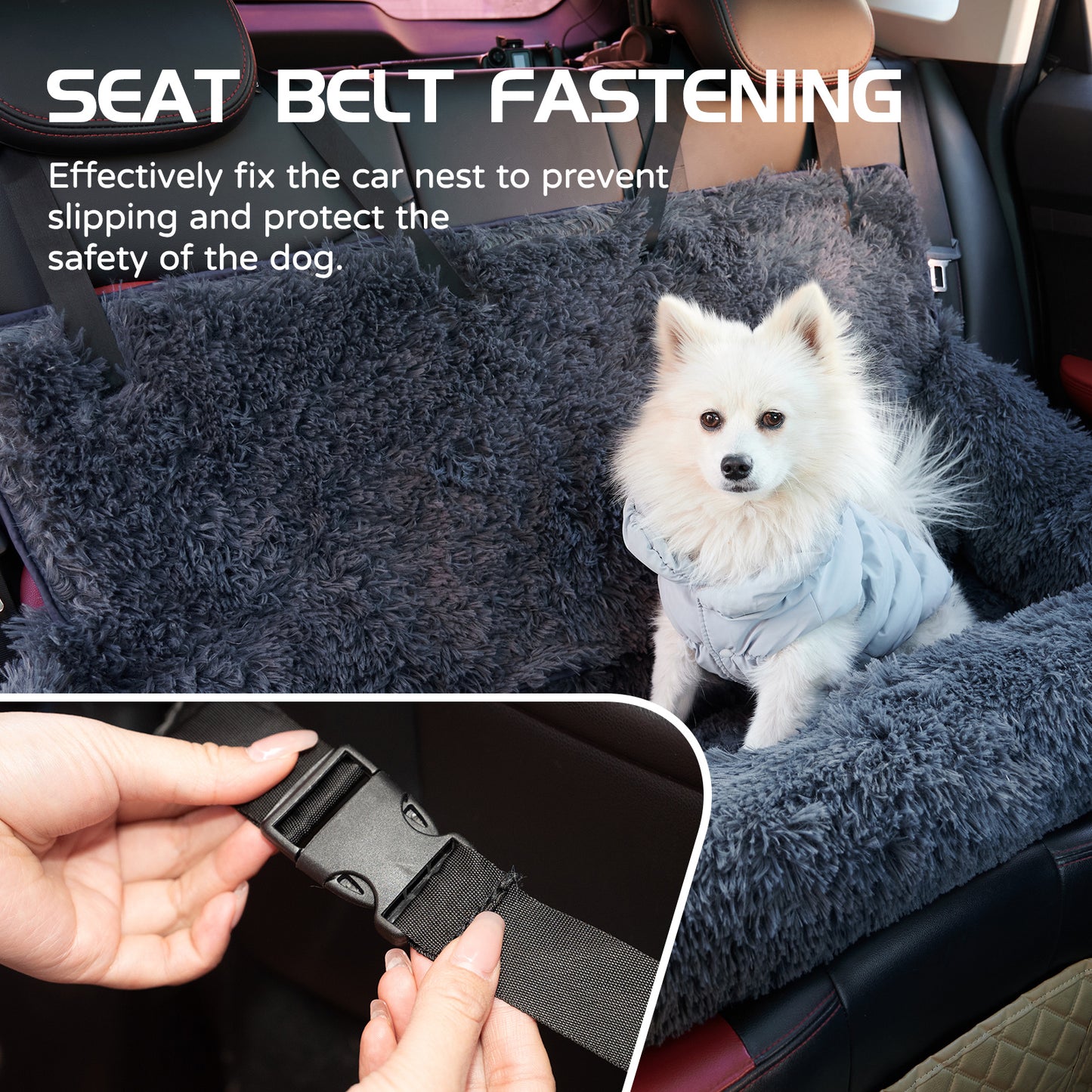 Dog Car Seat For Small Medium Large Dogs,Two Dogs Car Back Seat,Travel Pet Booster Seat With Seat Belt,Washable Long Plush Safety Pet Car Seat For Cat Or Small Pet