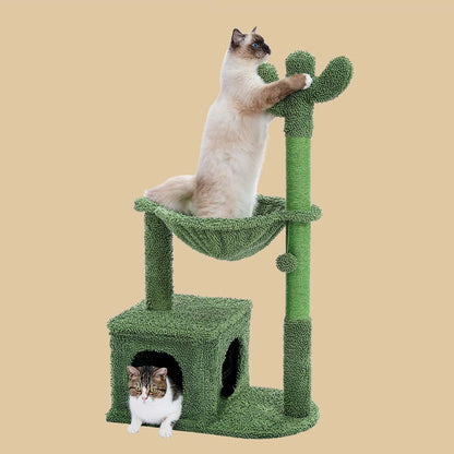 Cactus Cat Tree 40 Inch Cat Tower With Large Metal Carpet Hammock, Indoor Cat Scratch Bollard With Apartment And Hanging Ball, Green