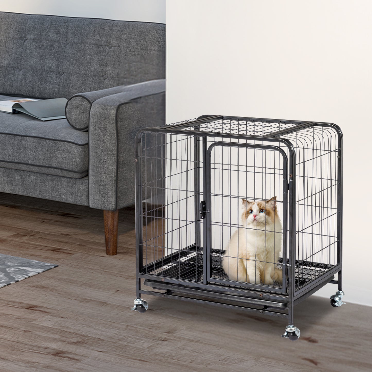 26 Inches Durable Cat Cage With Thickened Wire Cat Fence Interior With Double Doors, Lockable Wheels And Slide-Out Tray, Black