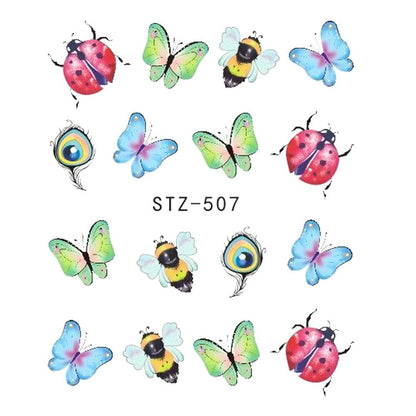 Butterfly and flower nail sticker water transfer decals for manicure decoration.