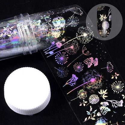 Holographic floral nail sticker roll in plastic bottle for nail art.