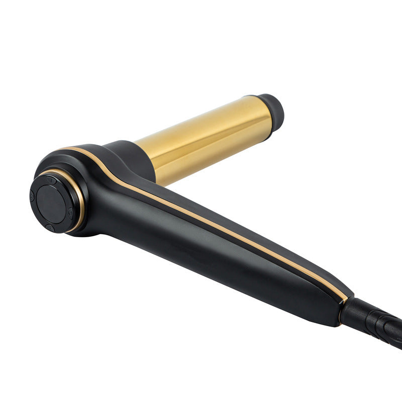 Amazon hot-selling hair curler with black and gold design, featuring 360-degree rotation and LCD screen.