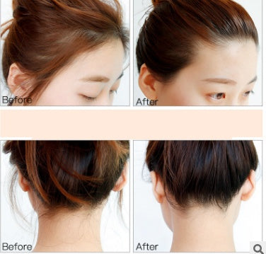 Before and after use of broken hair artifact liquid for hair styling.