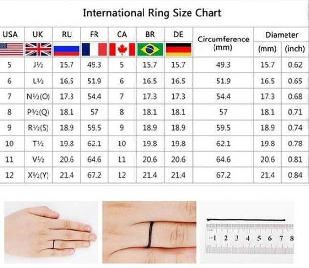 Fashion Explosion Set international ring size chart with measurement guide.