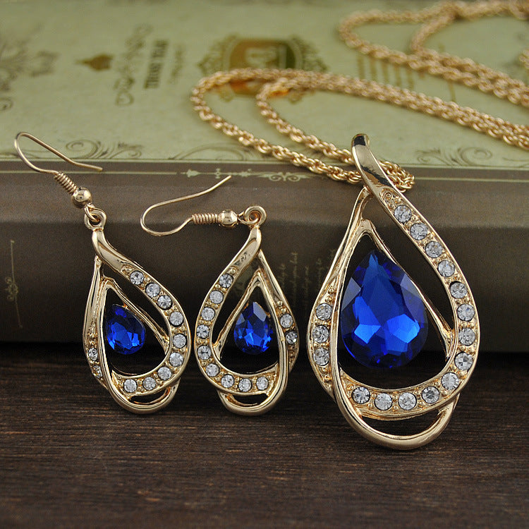 Double Drop Crystal Set Necklace Earrings with Blue Gems and Alloy Material