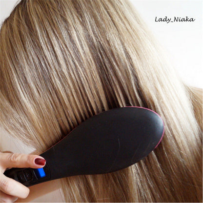 Imply Straight Electric Negative Ion Hair Comb in use for smooth styling.