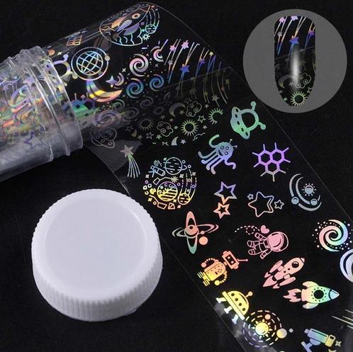 nail sticker design roll with colorful cosmic patterns in a plastic bottle