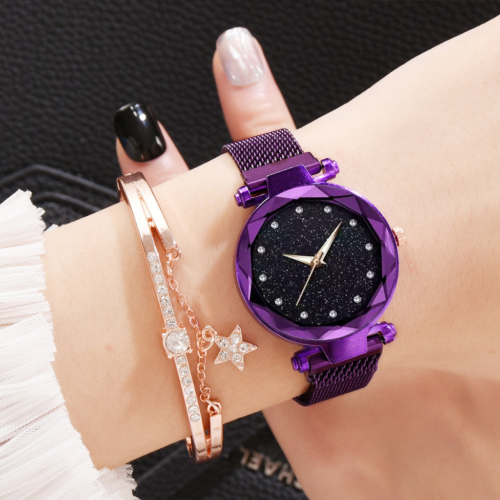 Luxury women watch bracelet set with purple starry sky dial and elegant magnet buckle.