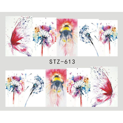 Nail sticker with butterfly and flower water transfer decal design.