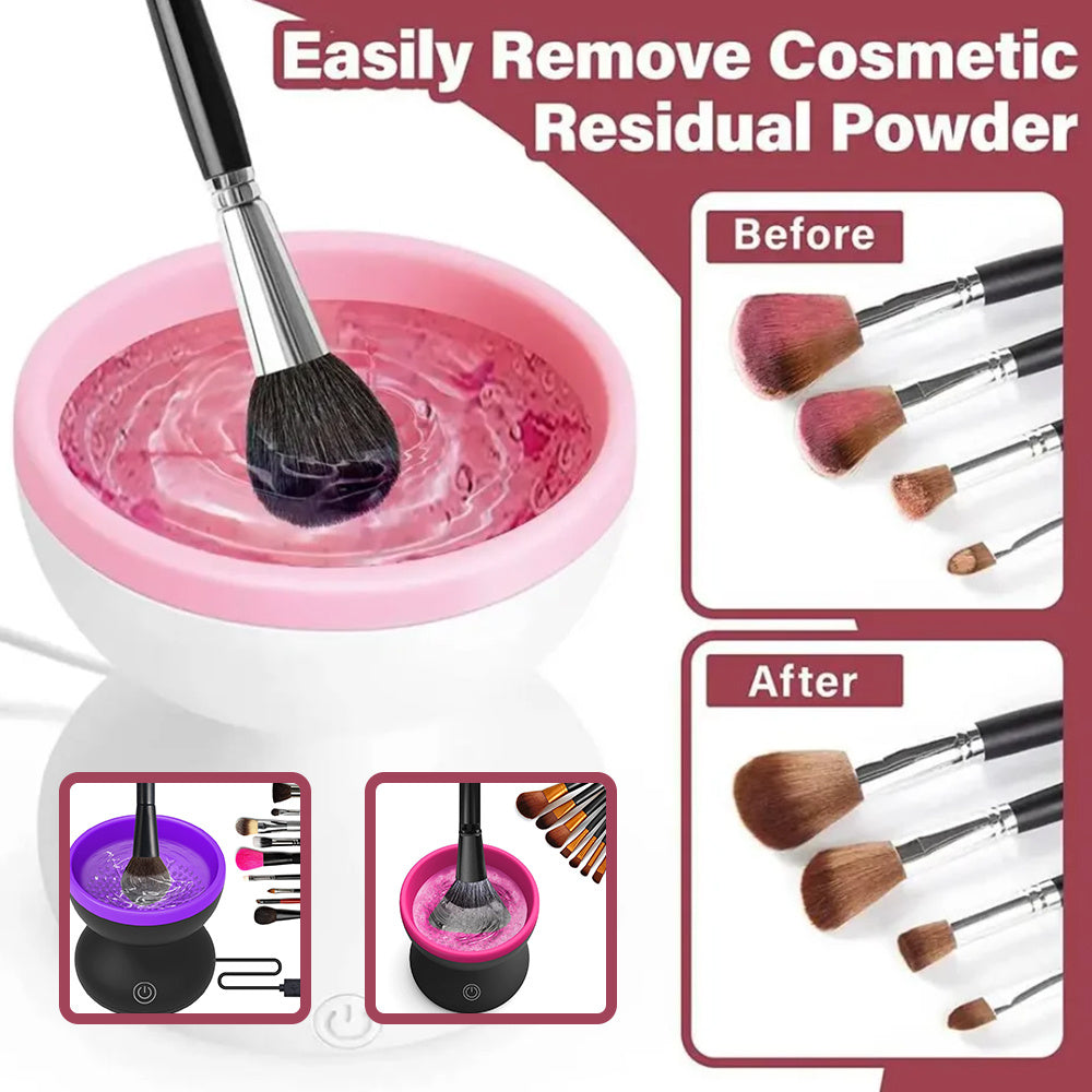 Electric makeup brush cleaner machine showing before and after results with clean brushes in a silicone container.