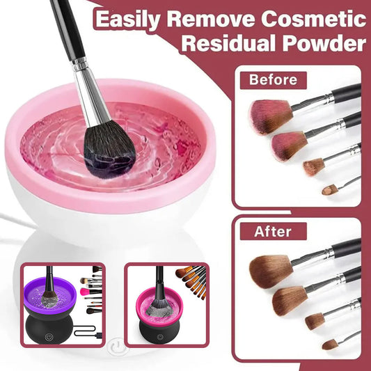 Electric makeup brush cleaner machine showing before and after results with clean brushes in a silicone container.