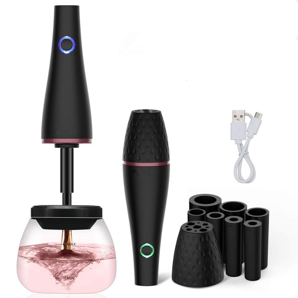 Electric makeup brush cleaner in black with charging cable and attachments.