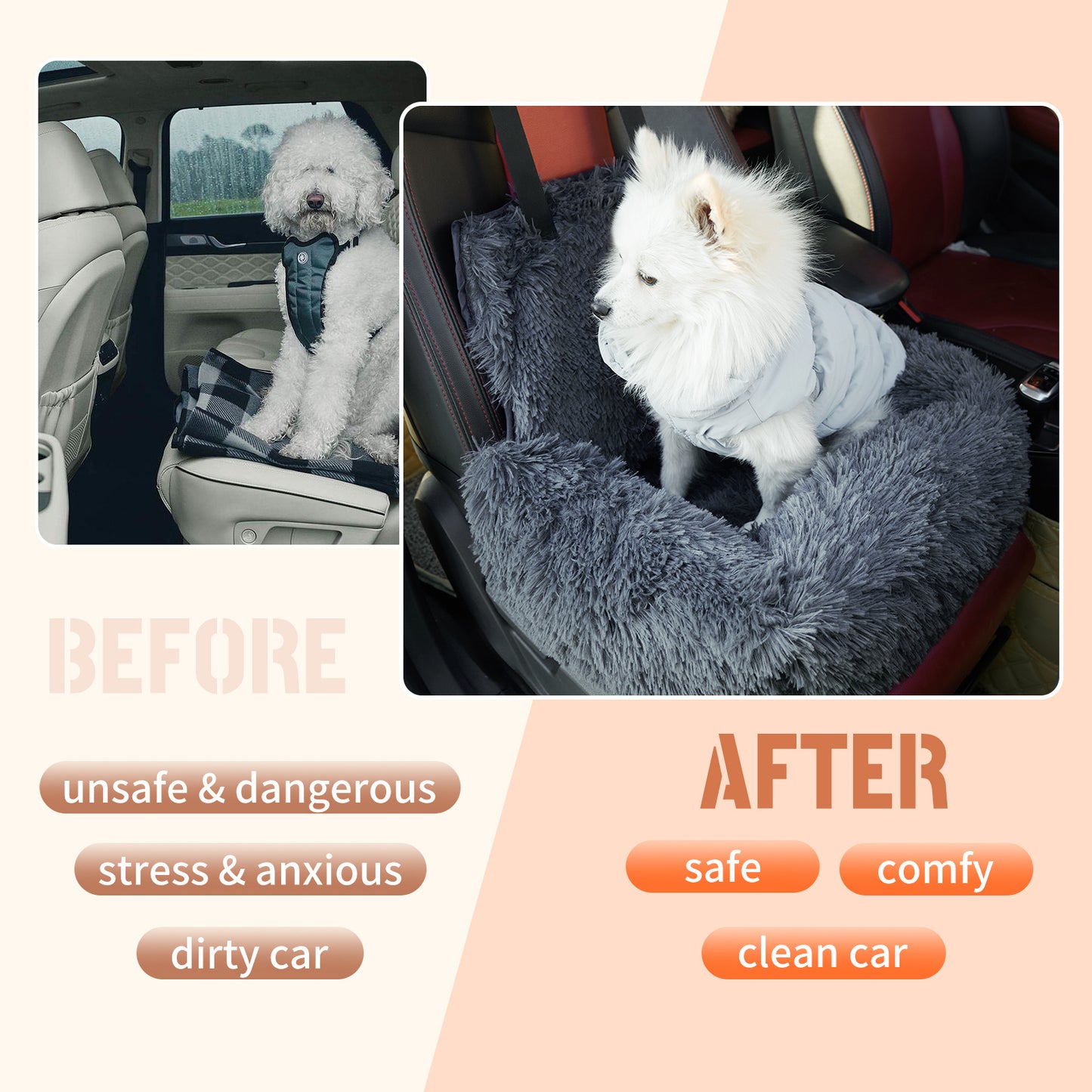 Dog Car Seat For Small Medium Large Dogs,Two Dogs Car Back Seat,Travel Pet Booster Seat With Seat Belt,Washable Long Plush Safety Pet Car Seat For Cat Or Small Pet