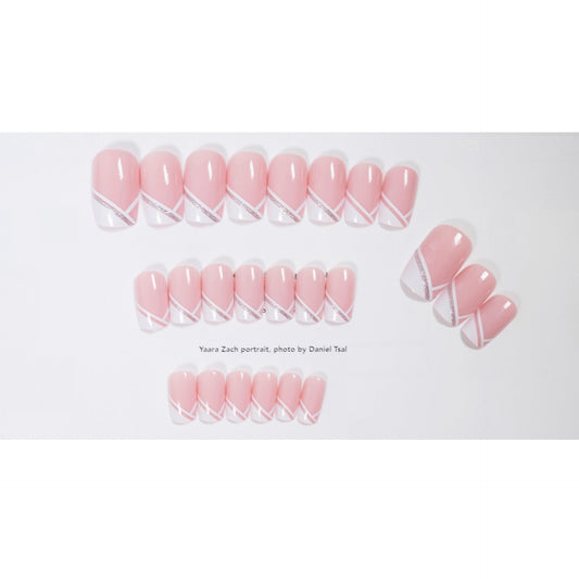Oblique French simple manicure fake nails set with 24 pieces and glue.