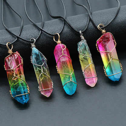 Colorful stone crystal pillar necklaces with Tree of Life design.