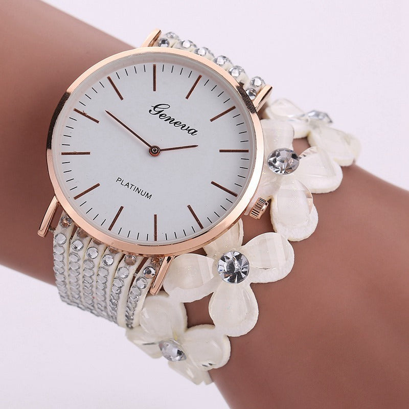 Elegant Fashion Geneva Flowers women's crystal diamond wrist watch with floral bracelet design.