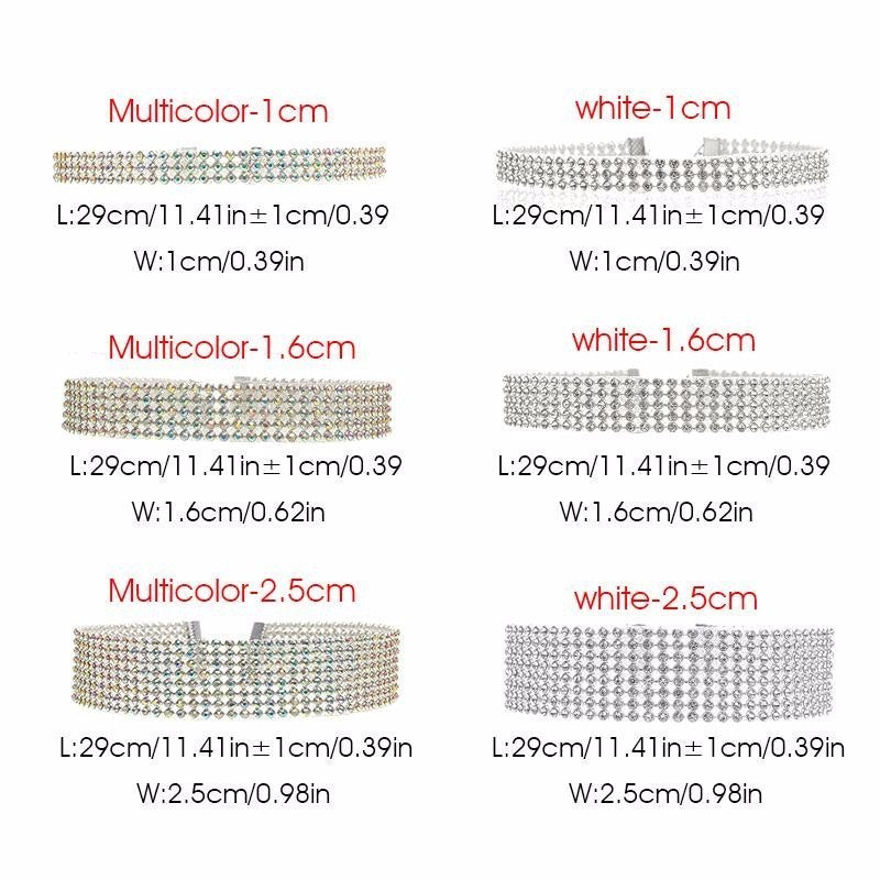 Fashion Women Full Crystal Rhinestone Choker Necklace in multicolor and white options.