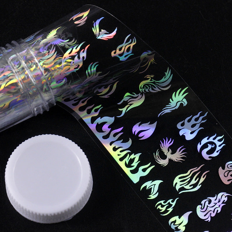 Decorative holographic nail sticker roll in plastic bottle.