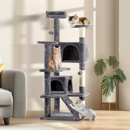 53 Inch Multistorey Cat Tree Cat Apartment With Scratch Kitten Activity Tower Pet Playhouse Furniture, Dark Grey