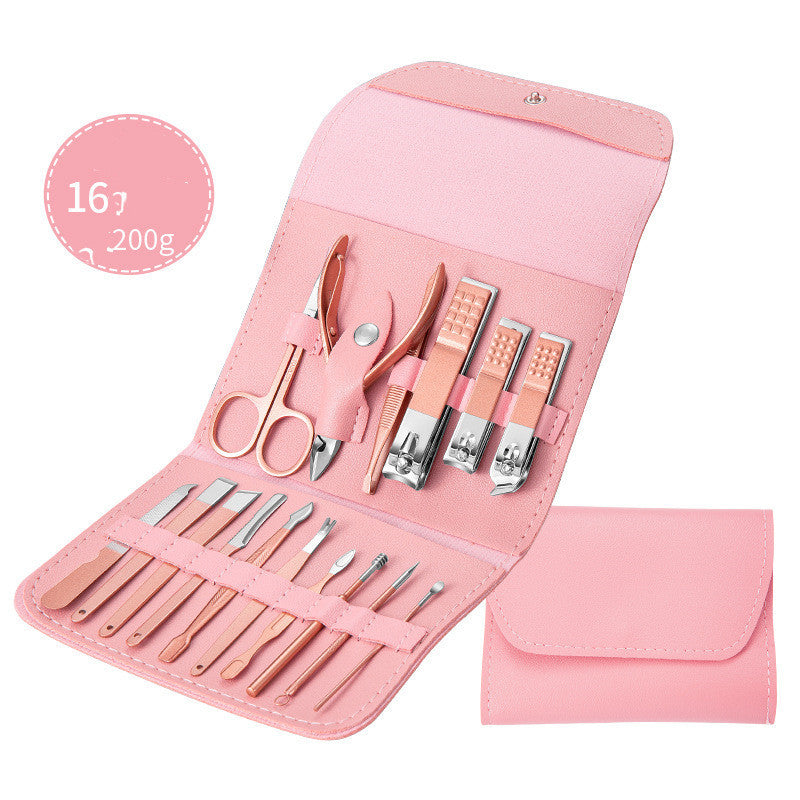 16-piece professional scissors nail clippers set in pink leather case.