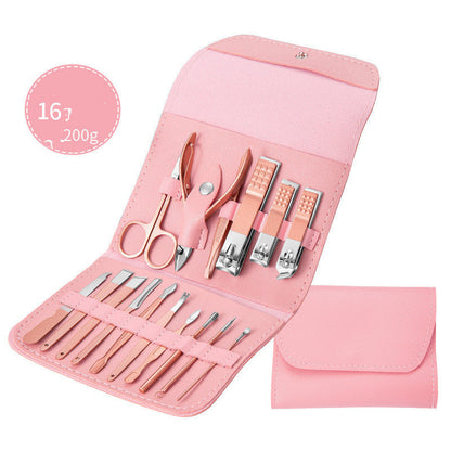 16-piece professional scissors nail clippers set in pink leather case.