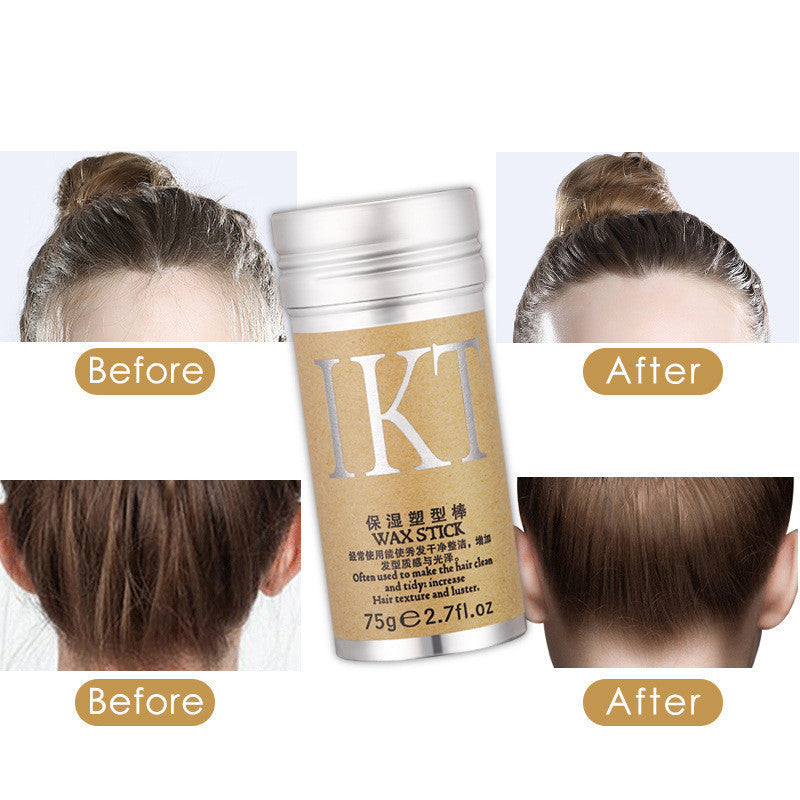 Hair wax stick for broken hair finishing and styling, 75g, before and after results shown.