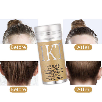 Hair wax stick for broken hair finishing and styling, 75g, before and after results shown.