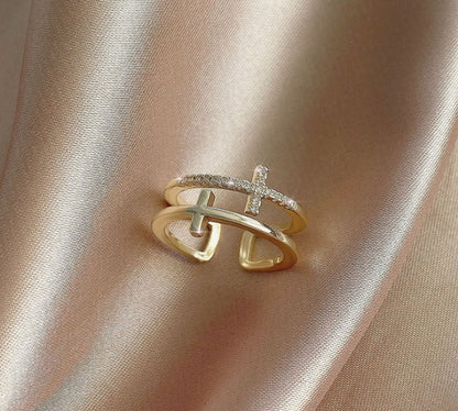 Double Cross Miniature Copper Inlaid  | Cross Zirconia Rings - Essential Loved