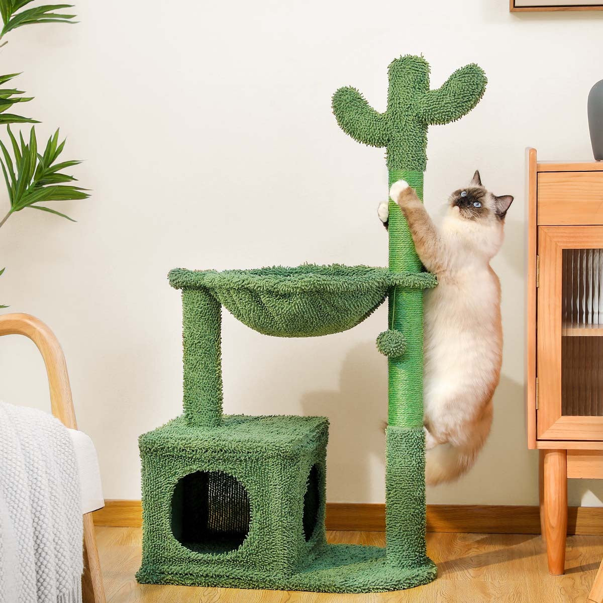 Cactus Cat Tree 40 Inch Cat Tower With Large Metal Carpet Hammock, Indoor Cat Scratch Bollard With Apartment And Hanging Ball, Green