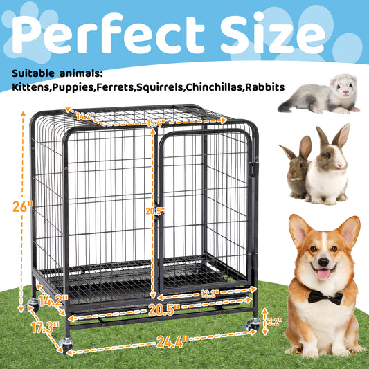 26 Inches Durable Cat Cage With Thickened Wire Cat Fence Interior With Double Doors, Lockable Wheels And Slide-Out Tray, Black