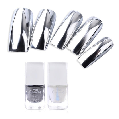 Mirror Nail Polish with chrome finish and bottles.