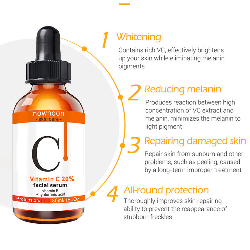 Vitamin C Facial Serum 30ml bottle with benefits including whitening, reducing melanin, repairing damaged skin, and providing all-round protection.