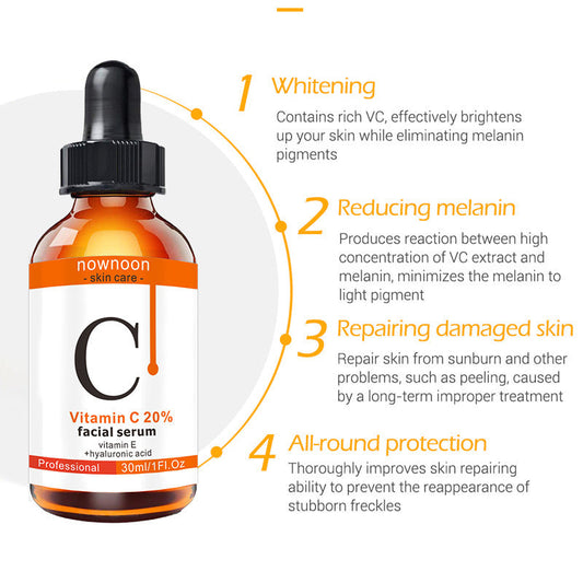 Vitamin C Facial Serum 30ml bottle with benefits including whitening, reducing melanin, repairing damaged skin, and providing all-round protection.