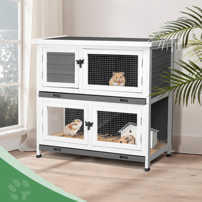 2 Floors Solid Wood Rabbit Cage With 2 Large Main Rooms, Indoor And Outdoor Rabbit House Guinea Pig Cage, Small Animal Pet House With 2 Removable Trays, Grey