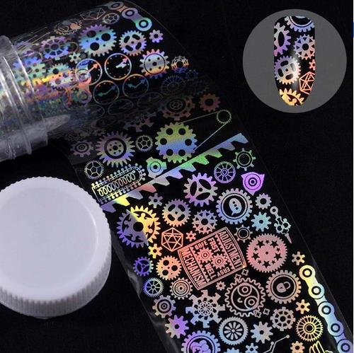 holographic nail sticker with geometric and gear designs in plastic bottle packaging