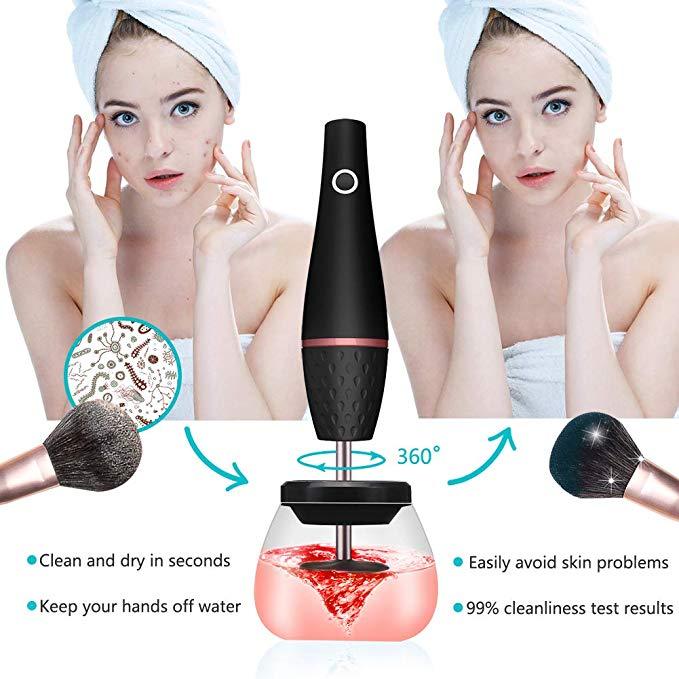 Electric makeup brush cleaner in use, black ABS material, charging feature.