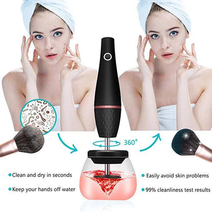 Electric makeup brush cleaner in use, black ABS material, charging feature.