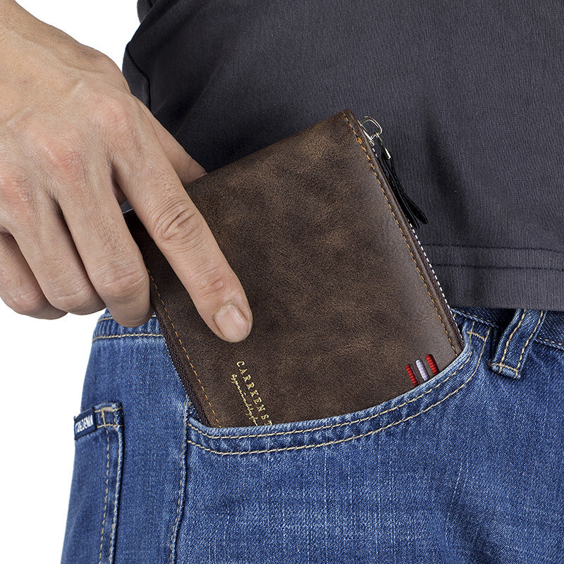 Men's Short And Simple Zipper Tri-fold Multifunctional Wallet