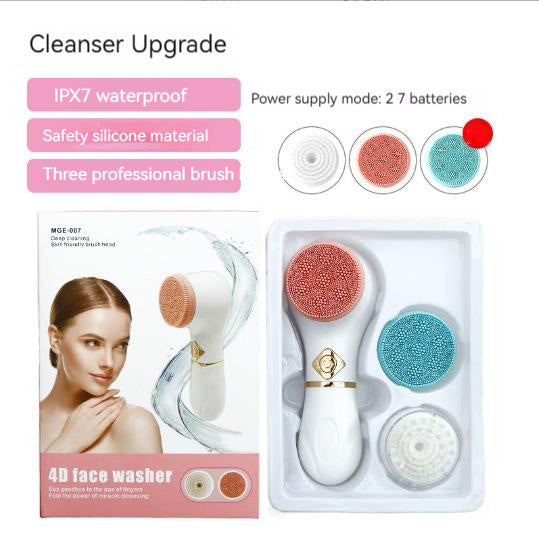 Electric facial cleanser with three brushes and waterproof design in packaging.